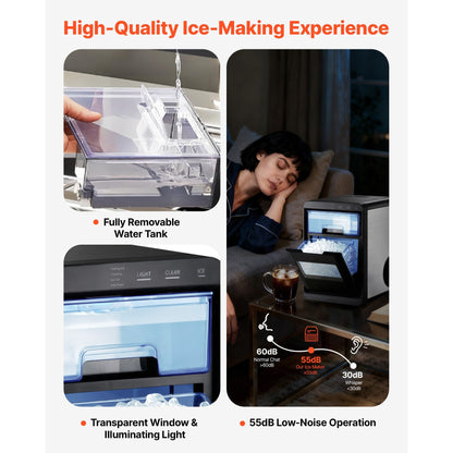 Pear Daisy countertop ice maker producing 44 lbs of ice daily, portable, self-cleaning machine for home use.
