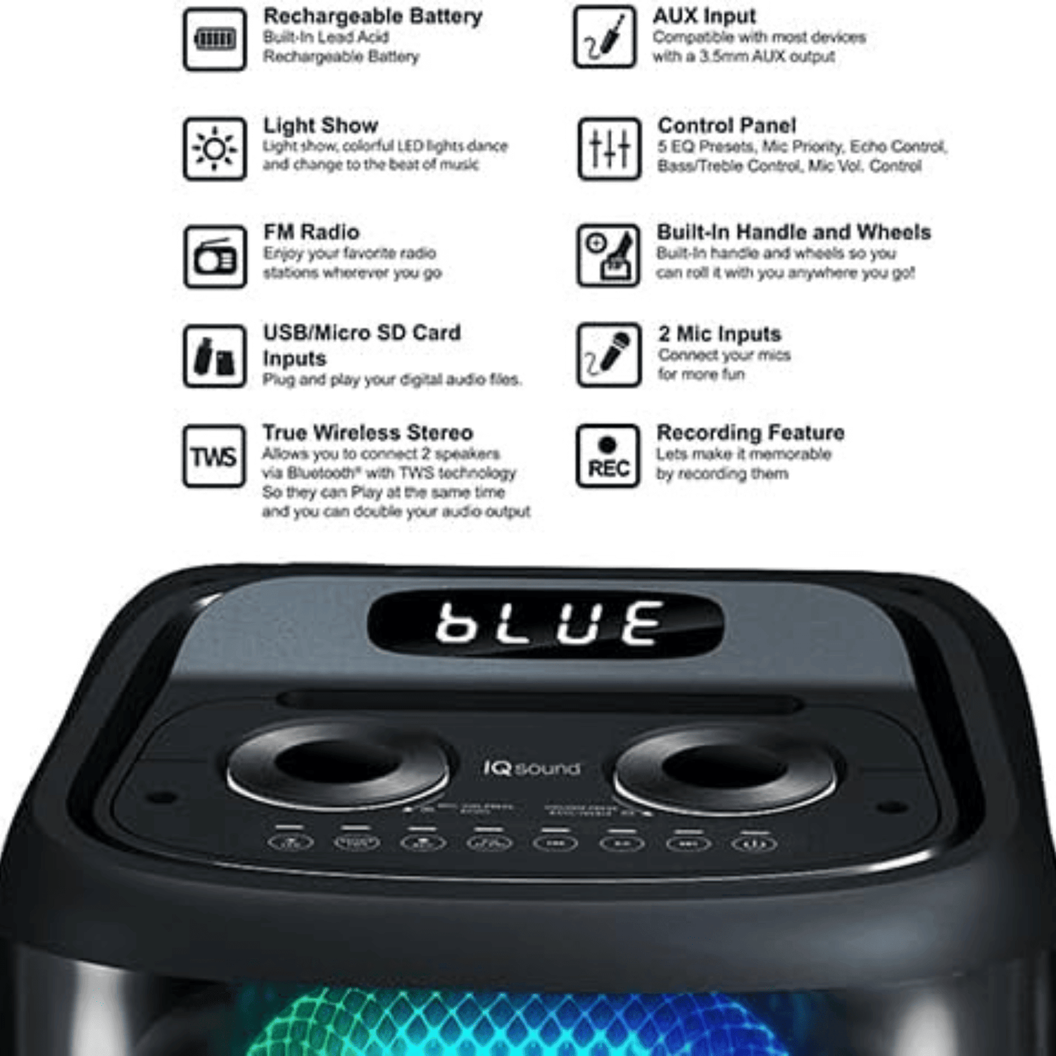 Pear Daisy IQ Sound TorusFLEX portable Bluetooth DJ speaker with dual 10-inch speakers, designed for home and outdoor use.