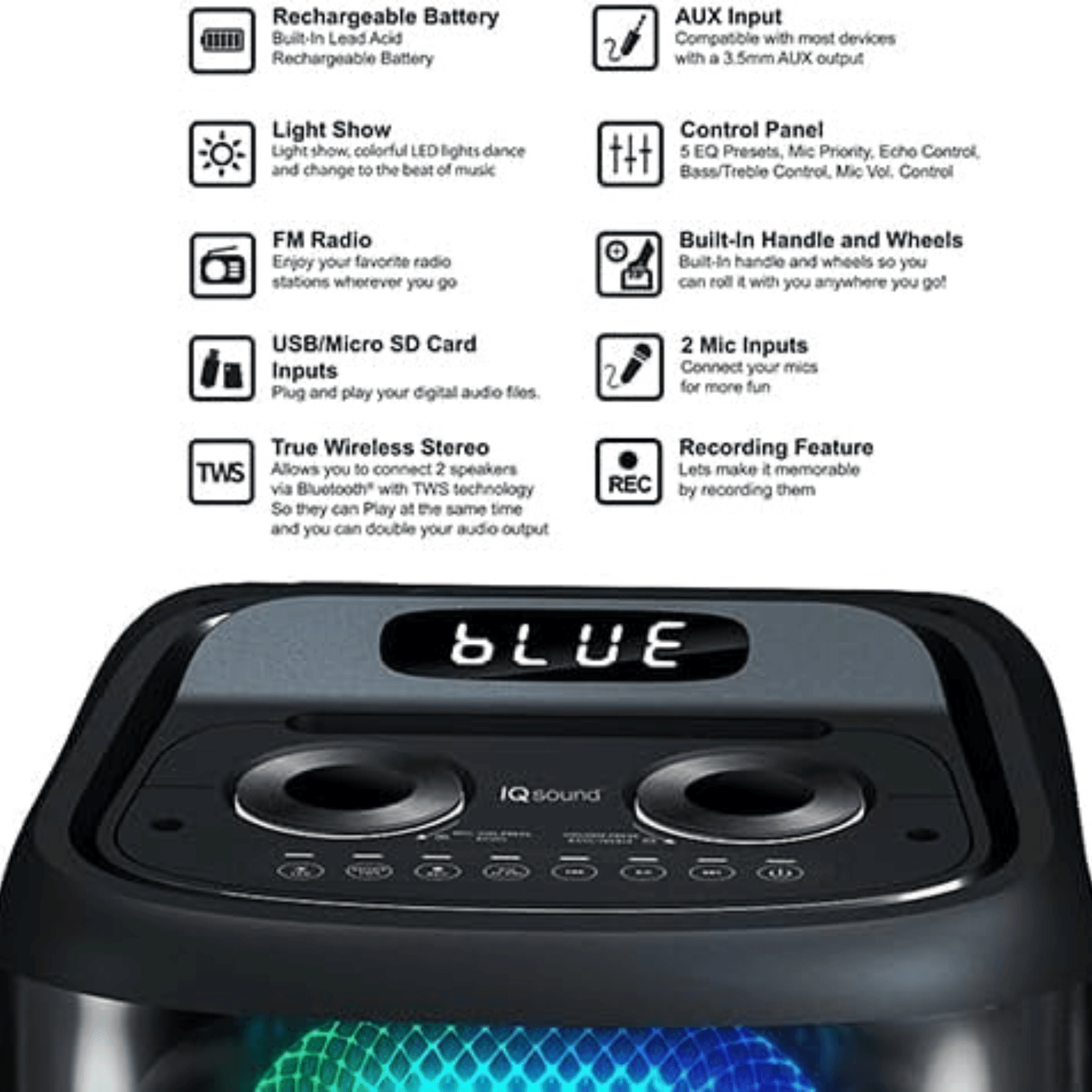 Pear Daisy IQ Sound TorusFLEX portable Bluetooth DJ speaker with dual 10-inch speakers, designed for home and outdoor use.