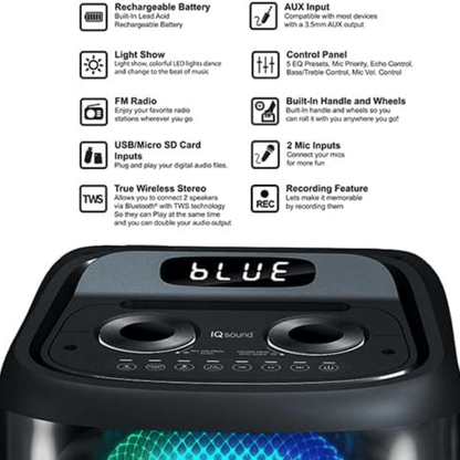 Pear Daisy IQ Sound TorusFLEX portable Bluetooth DJ speaker with dual 10-inch speakers, designed for home and outdoor use.