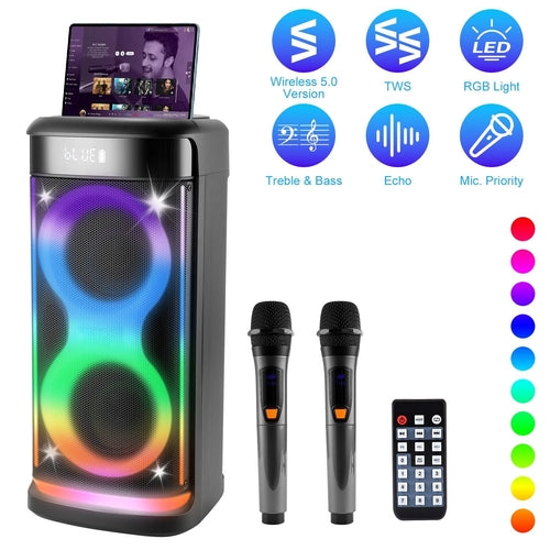 Pear Daisy portable wireless party speaker with LED lights, wireless microphone, and remote control for home and outdoor use.