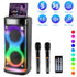 Pear Daisy portable wireless party speaker with LED lights, wireless microphone, and remote control for home and outdoor use.