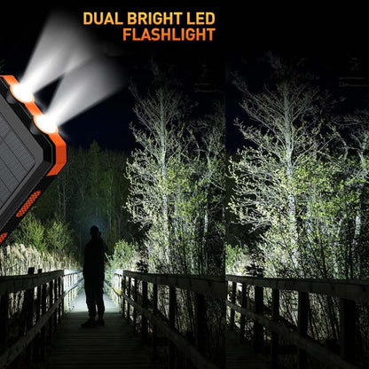 Pear Daisy 10000mAh portable solar power bank with dual USB ports for fast charging, ideal for home and outdoor use.