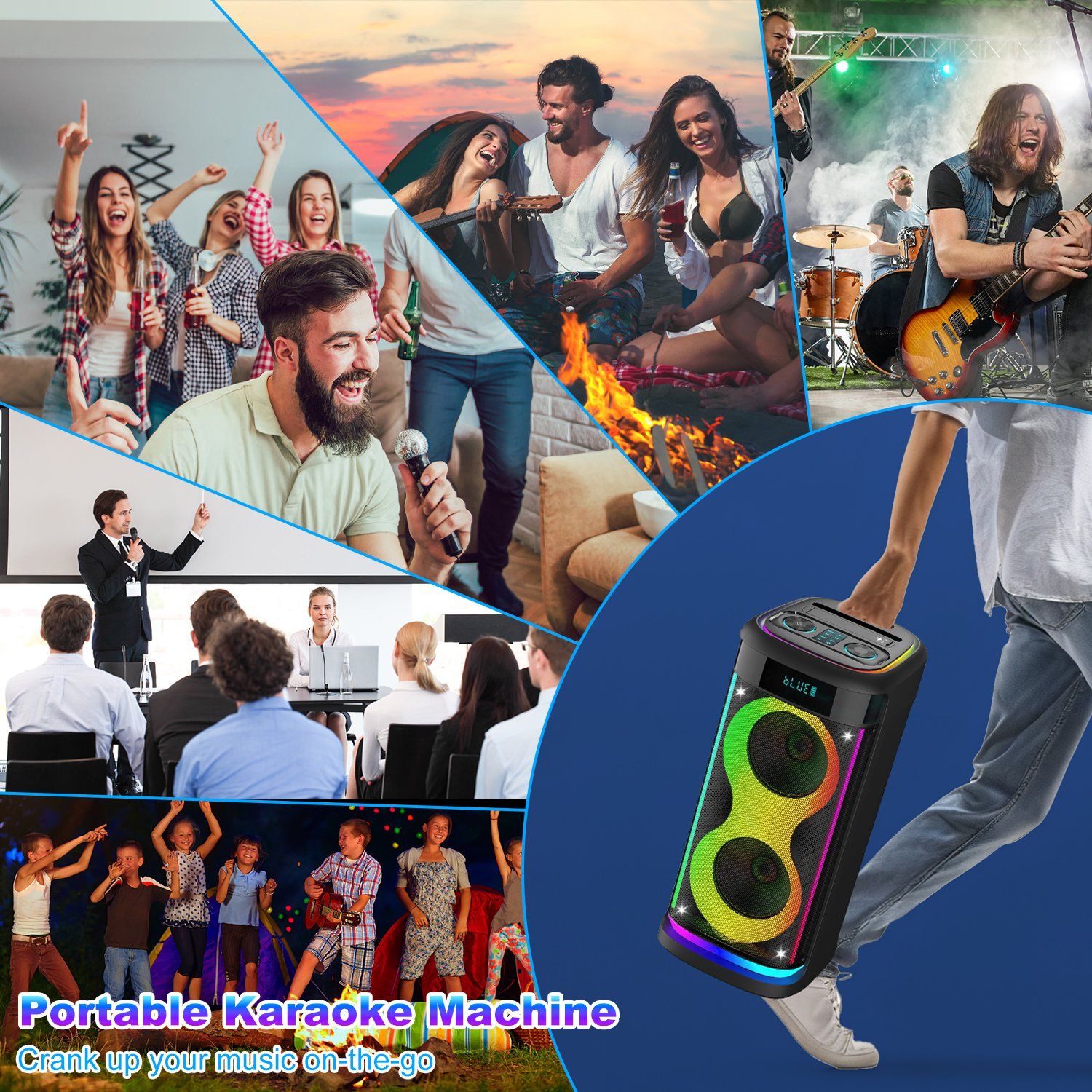 Portable Pear Daisy wireless party speaker with LED light, wireless mic, and remote control for home and garden entertainment.