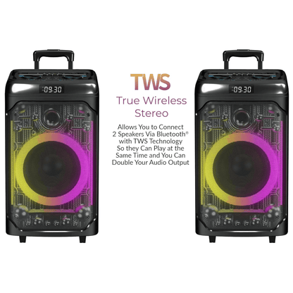 Pear Daisy IQ Sound CYBER FLEX12 12-inch portable Bluetooth party speaker with modern design and built-in controls.