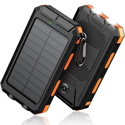 Pear Daisy 10000mAh portable power bank with dual USB ports, solar charging, compact design for home and garden use.