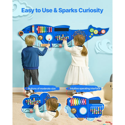 Orca Activity Wall Busy Board Panels by Pear Daisy featuring 12 Montessori-style activities for home and garden use.