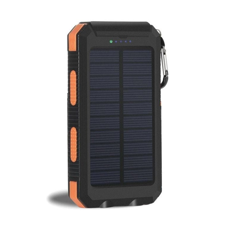 Pear Daisy 10000mAh portable power bank with solar charging, dual USB ports, compact design for home and outdoor use