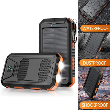 Pear Daisy 10000mAh portable solar power bank with dual USB ports for fast charging, ideal for home and outdoor use