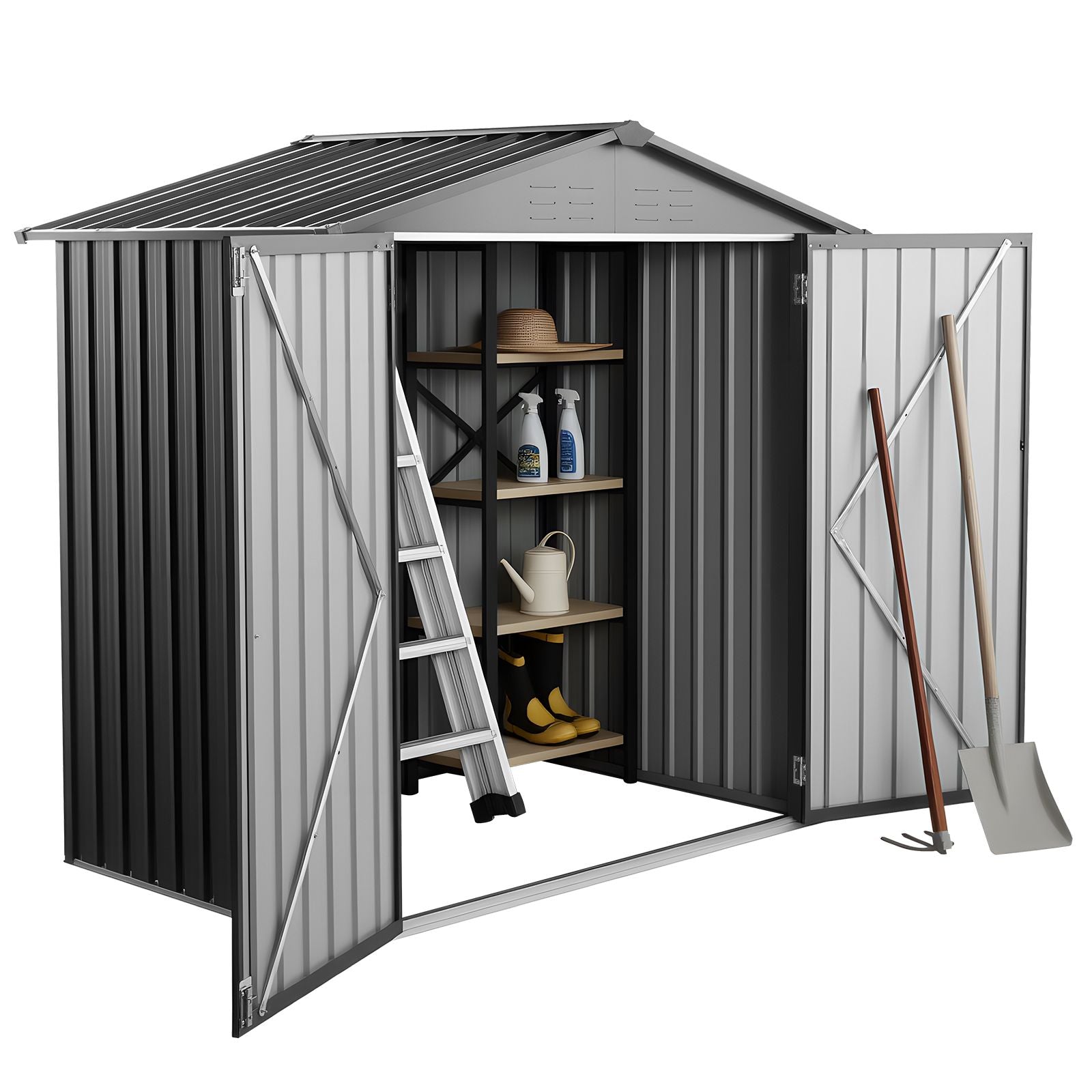 Pear Daisy 6x4 ft metal garden shed with lockable doors, outdoor storage solution for tools and gardening equipment.