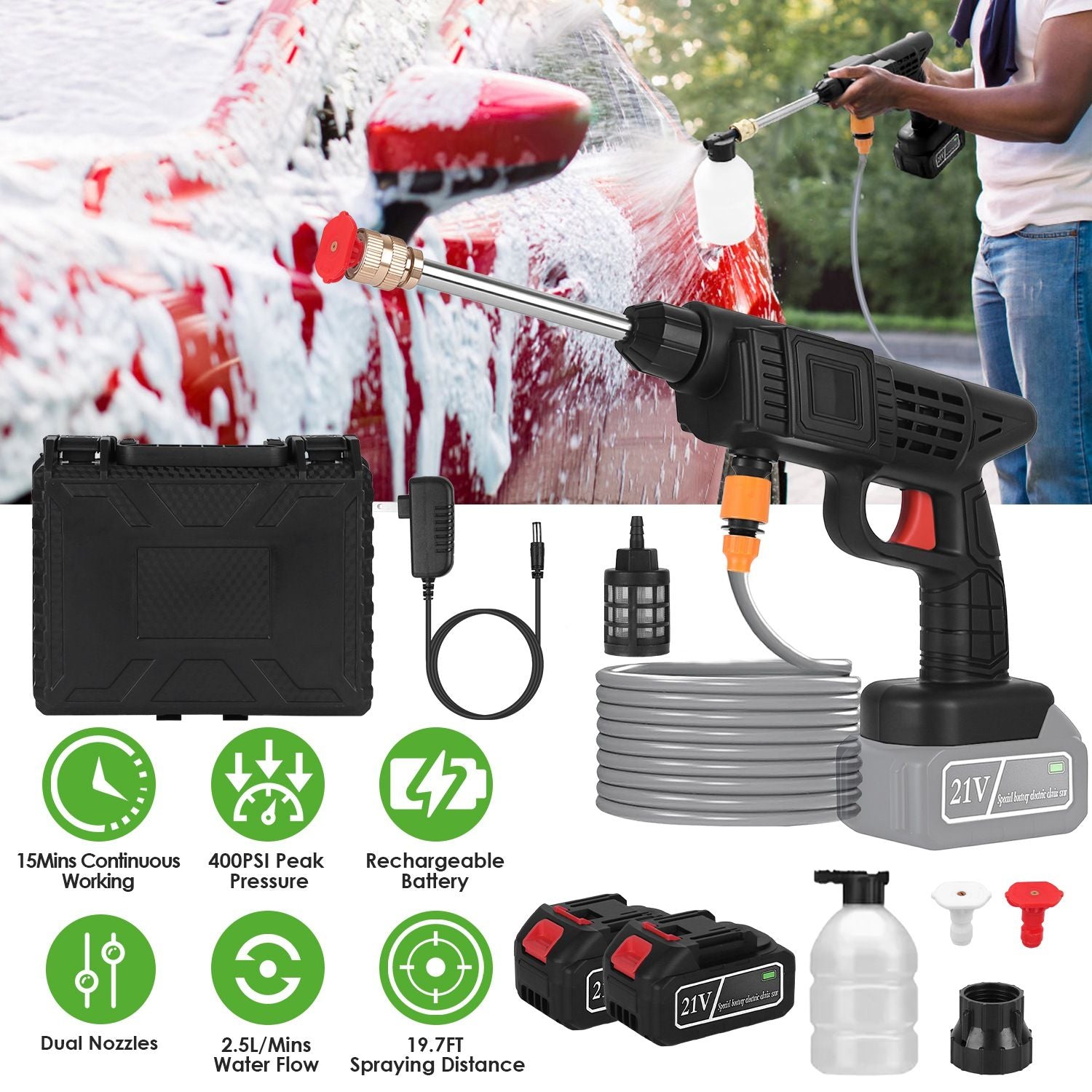 Pear Daisy cordless pressure washer with 400 PSI and 300W power, portable design for home and garden cleaning tasks.