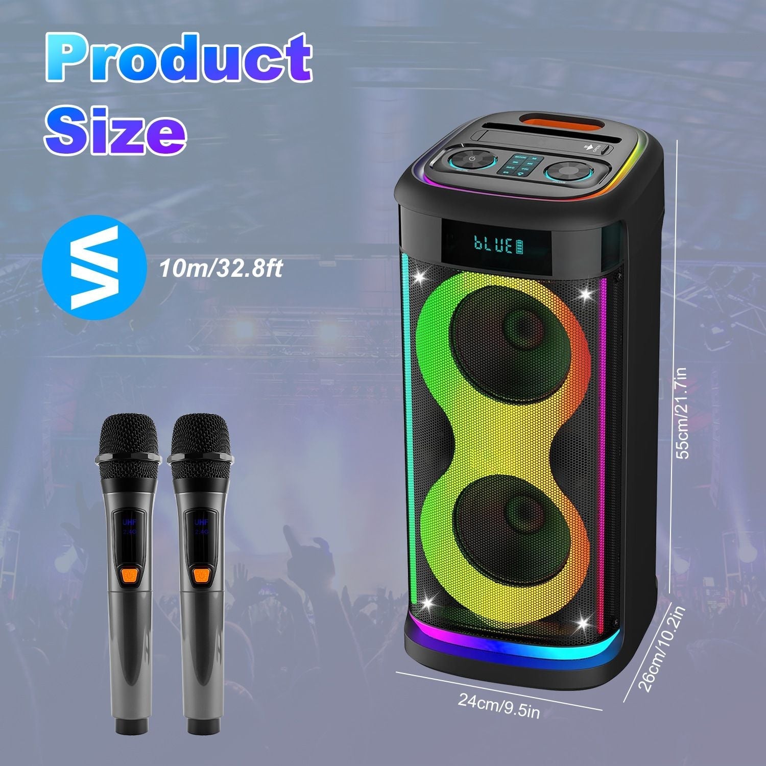 Pear Daisy portable wireless party speaker with LED light, wireless microphone, and remote for home and outdoor entertainment.