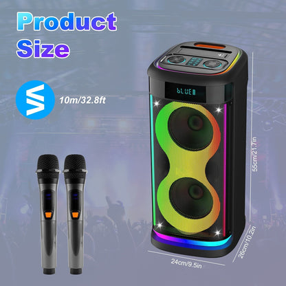 Pear Daisy portable wireless party speaker with LED light, wireless microphone, and remote for home and outdoor entertainment.