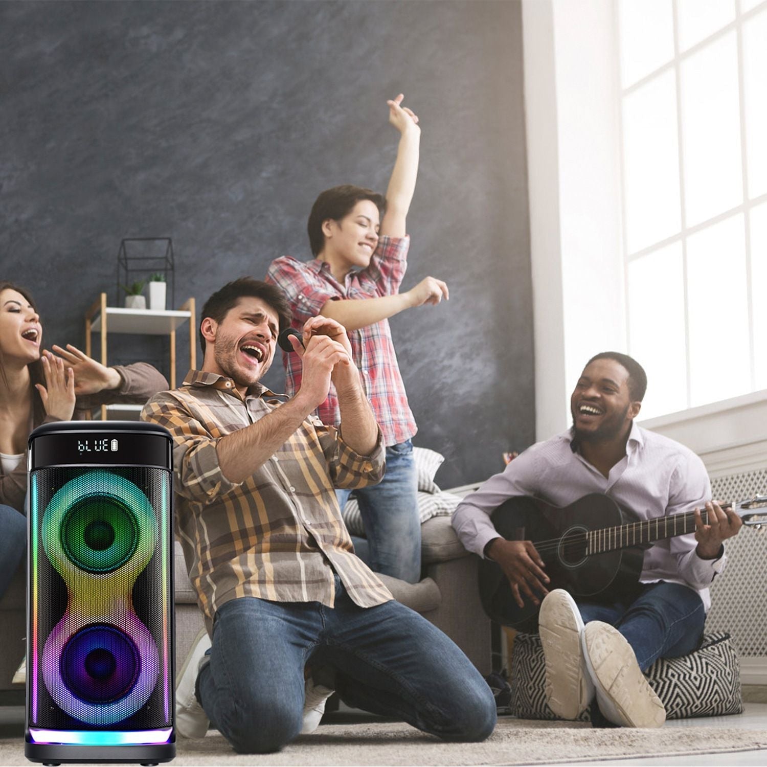 Pear Daisy portable wireless party speaker with LED lights, wireless microphone, and remote control for home and garden entertainment.