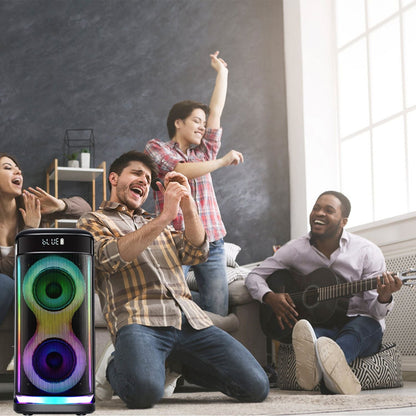 Pear Daisy portable wireless party speaker with LED lights, wireless microphone, and remote control for home and garden entertainment.