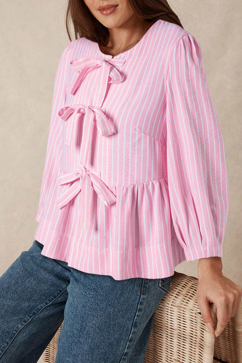Pink stripe bowknot front crew neck blouse with puff sleeves by Carmine Juneberry, stylish and feminine top for casual or dressy wear.