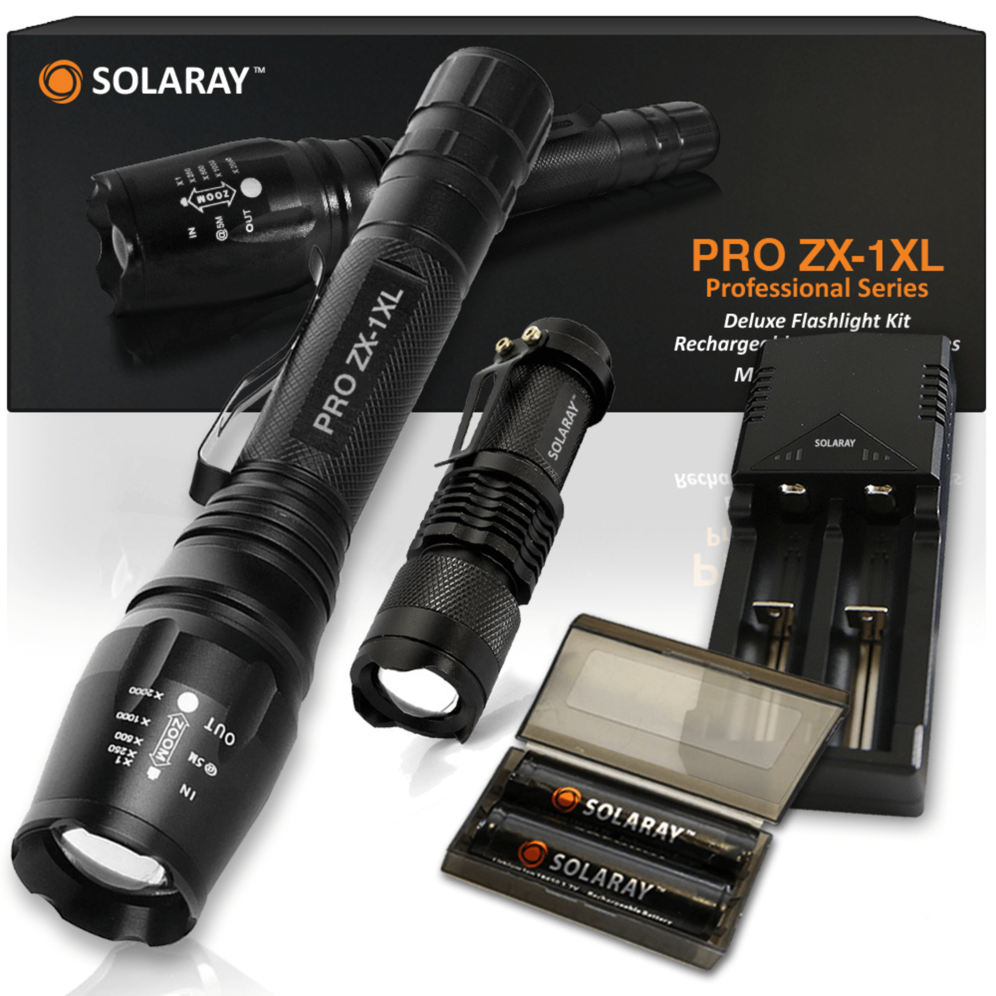 Black Lavender Solaray ZX-1XL LED tactical flashlight kit with 18650 batteries, designed for camping and outdoor use.