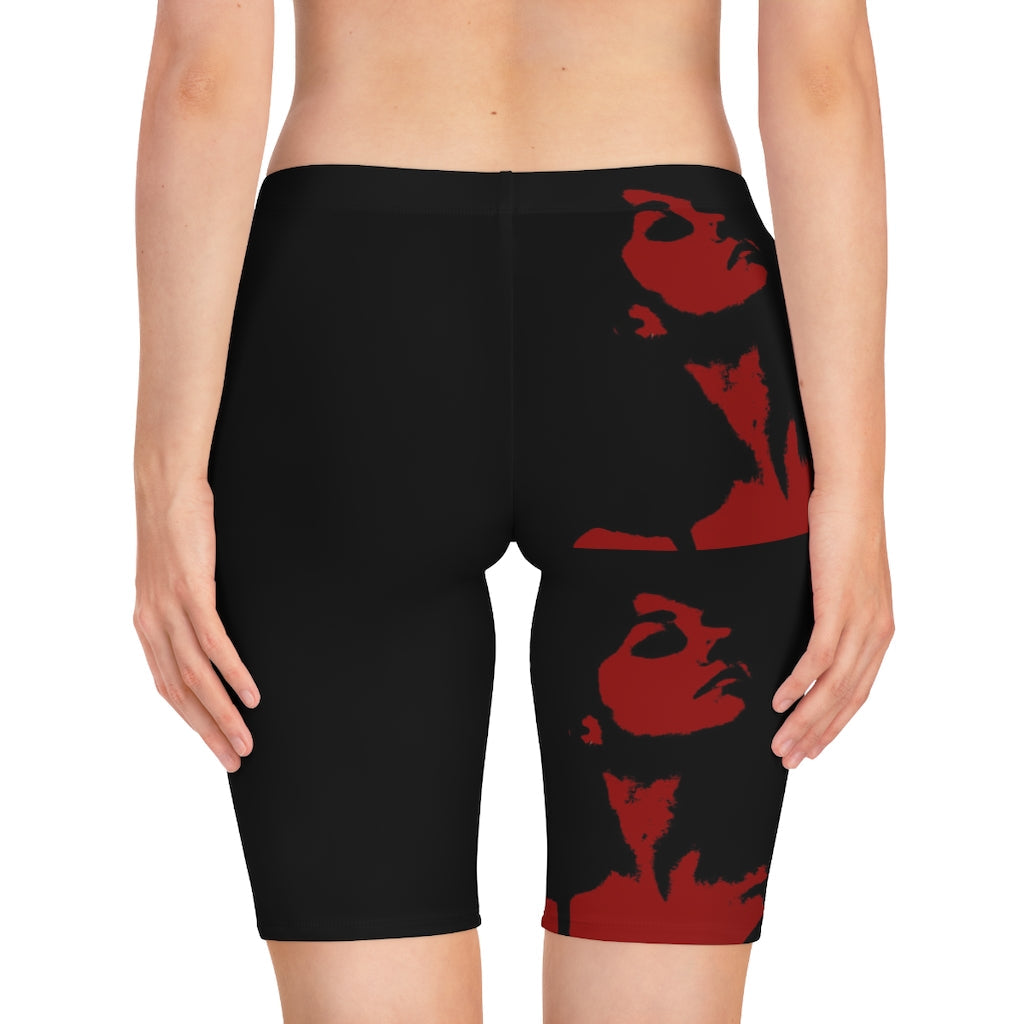 Women’s Rock Red bike shorts by Erin Theia, featuring a vibrant red color and comfortable fit for active wear.