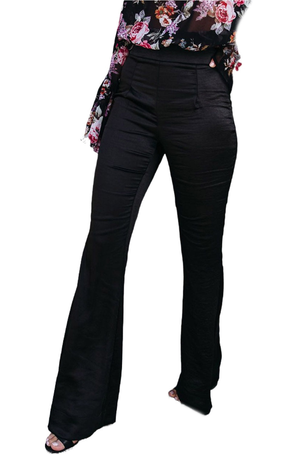 Black satin flare tailored pants from Harlequin Daisy in a sleek, stylish design, perfect for elegant bath and beauty settings.