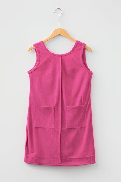 Byzantium Bay solid corduroy sleeveless mini dress with front pockets, stylish casual dress for warm weather.