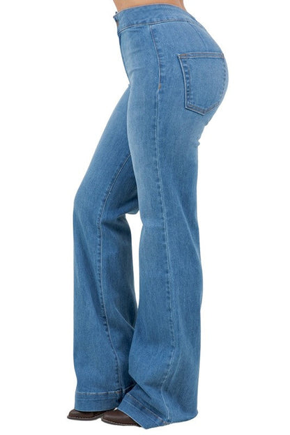 Harley Wide Leg Med Blue jeans by Jade Icarus, showing front view with relaxed fit and 32-inch inseam.