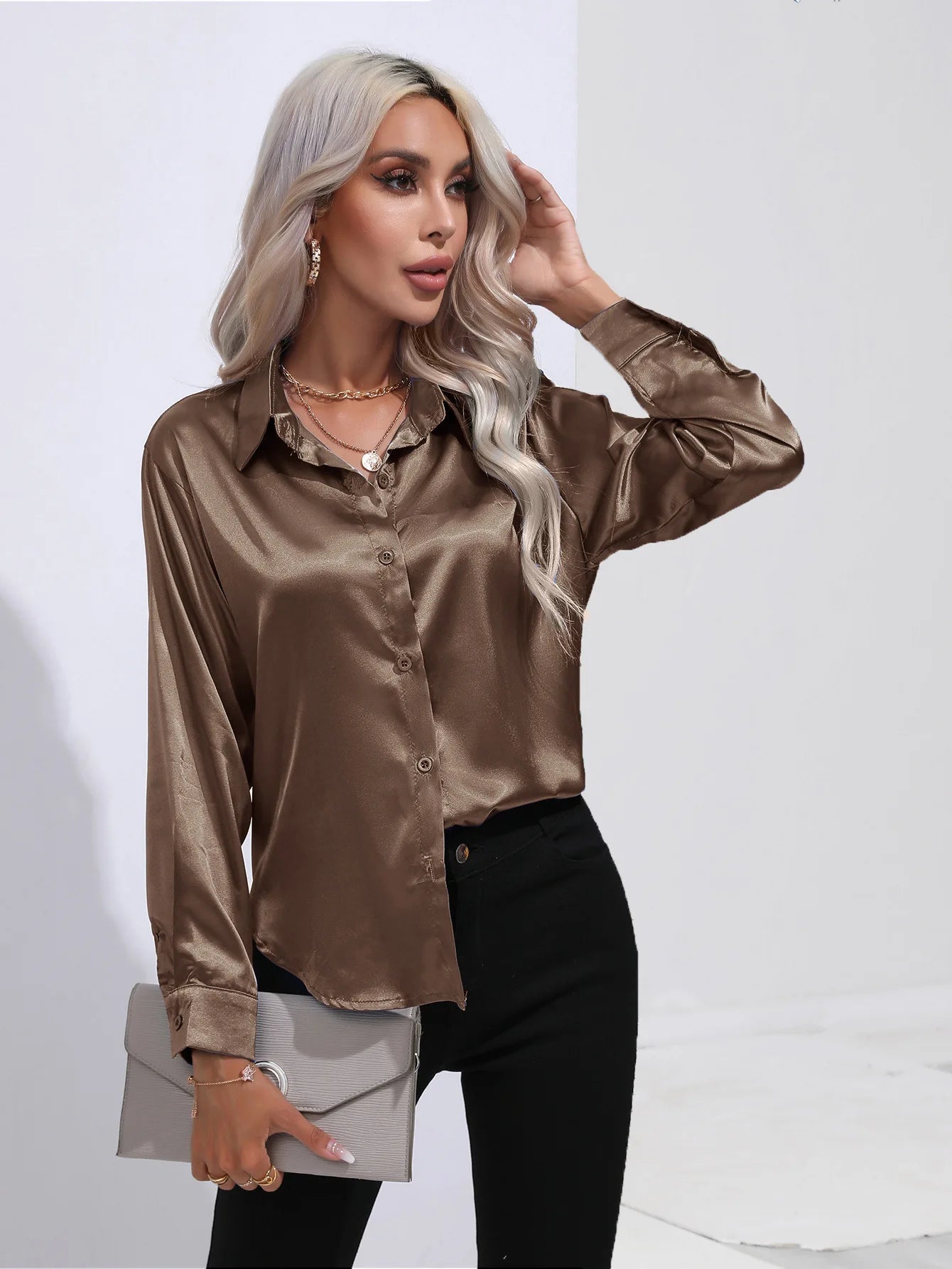 Black and white satin V-neck long sleeve blouse for women, loose fit office shirt by Start2Finish, spring summer silk apparel