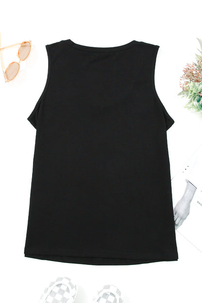 Black strappy hollow-out neck tank top from Harlequin Daisy, stylish bath and beauty apparel with cut-out design.