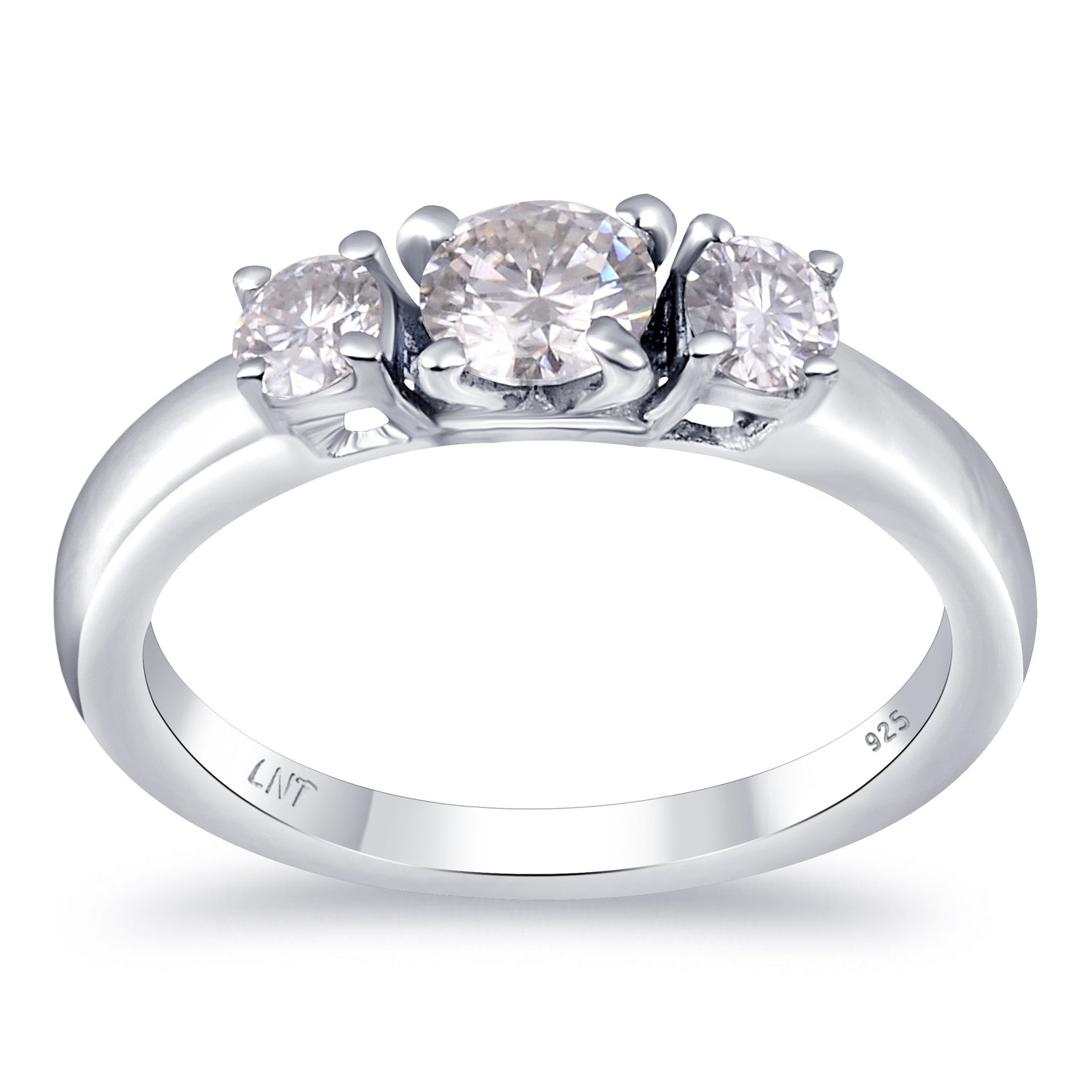 Sterling silver white moissanite 3-stone ring featuring sparkling gemstones, elegant jewelry piece from Copper Juniper