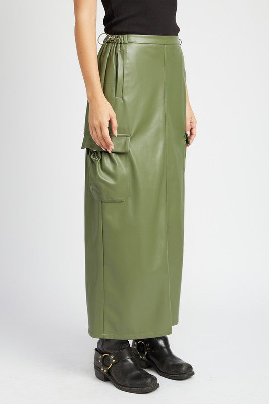 Leather cargo maxi skirt for women by Jade Icarus, featuring a long, stylish design with cargo pockets and a sleek leather finish.