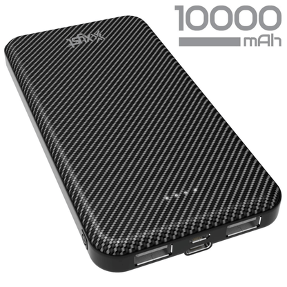 Sky Iapetus Xyst Super Slim 10000mAh dual USB power bank for mobile and laptop charging, slim design with multiple ports.