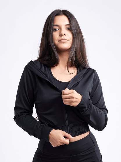 Black Lavender JupiterGear athletic zip-up crop hoodie jacket, activewear with a fitted design and front zipper.