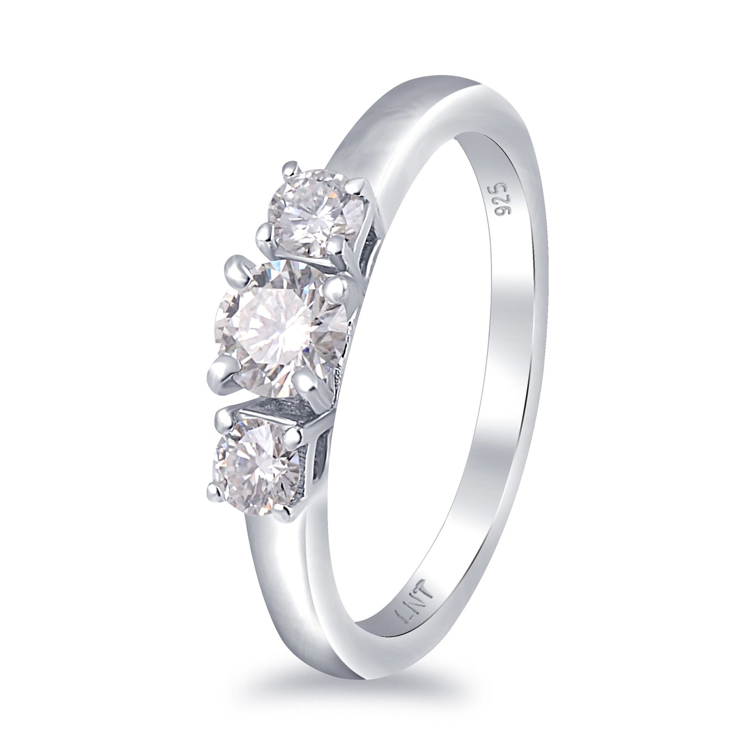 Sterling silver white moissanite 3-stone ring with sparkling stones, elegant jewelry piece by Copper Juniper