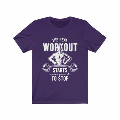 Black Plum Charlie The Real Workout T-shirt with bold white text, casual fit, short sleeves, and crew neck.