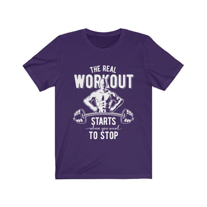 Plum Charlie The Real Workout T-shirt featuring motivational graphic text in black on a casual cotton shirt.
