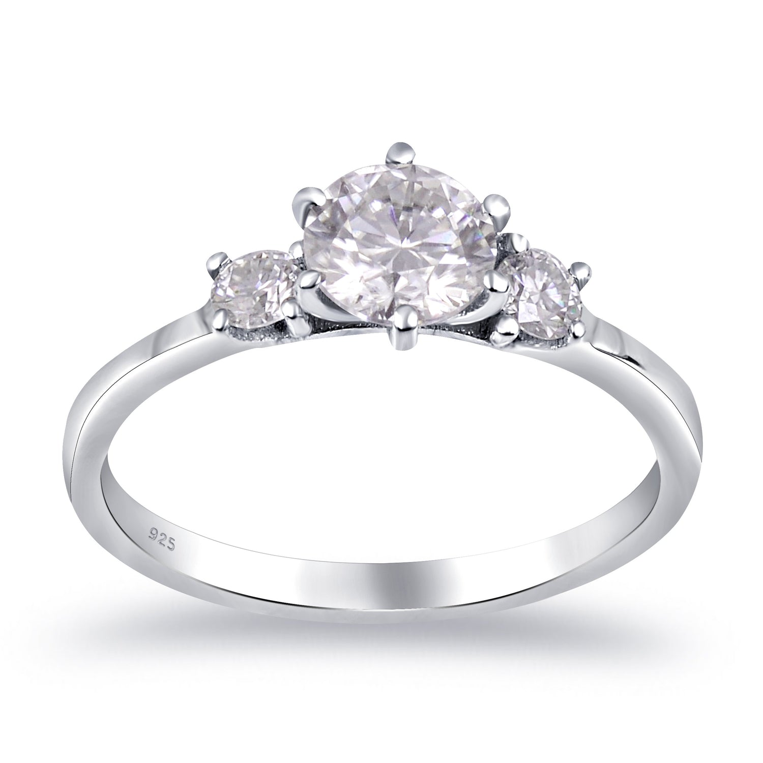 Sterling silver white moissanite 3-stone ring featuring sparkling gemstones and elegant design, crafted by Copper Juniper.