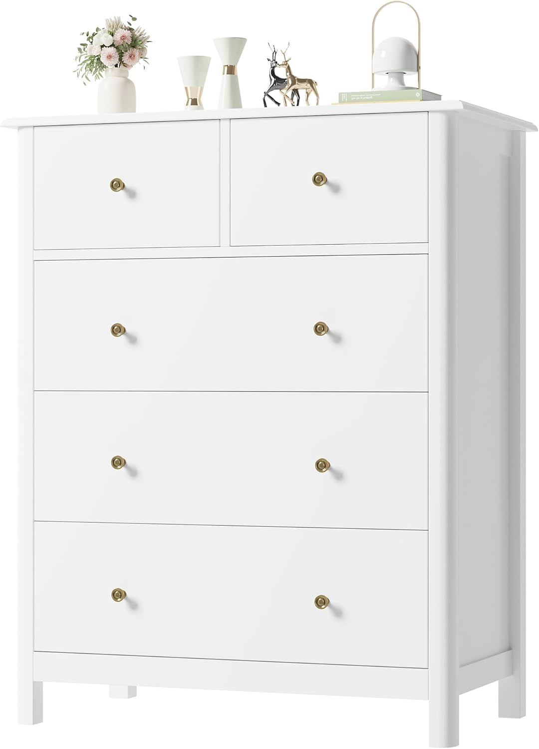 White five-drawer dresser by Peach Maple for bedroom organization, showcasing a sleek furniture piece with clean lines and ample storage space.