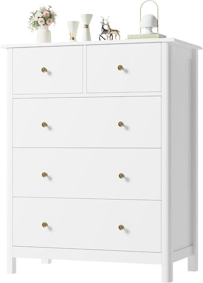 White five-drawer dresser by Peach Maple for bedroom organization, showcasing a sleek furniture piece with clean lines and ample storage space.