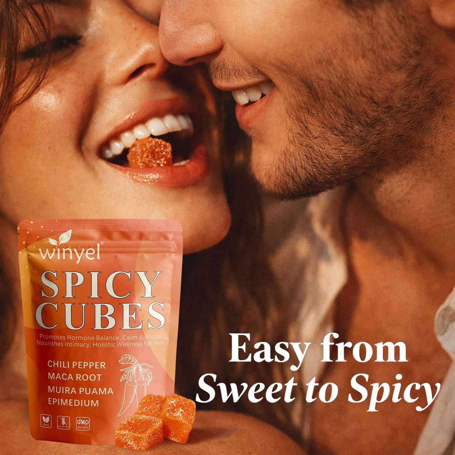 Apricot Hemera Spicy Cubes Intimacy Gummies with chili pepper, Muira Puama, and Maca, featuring colorful gummy cubes with chili flakes.