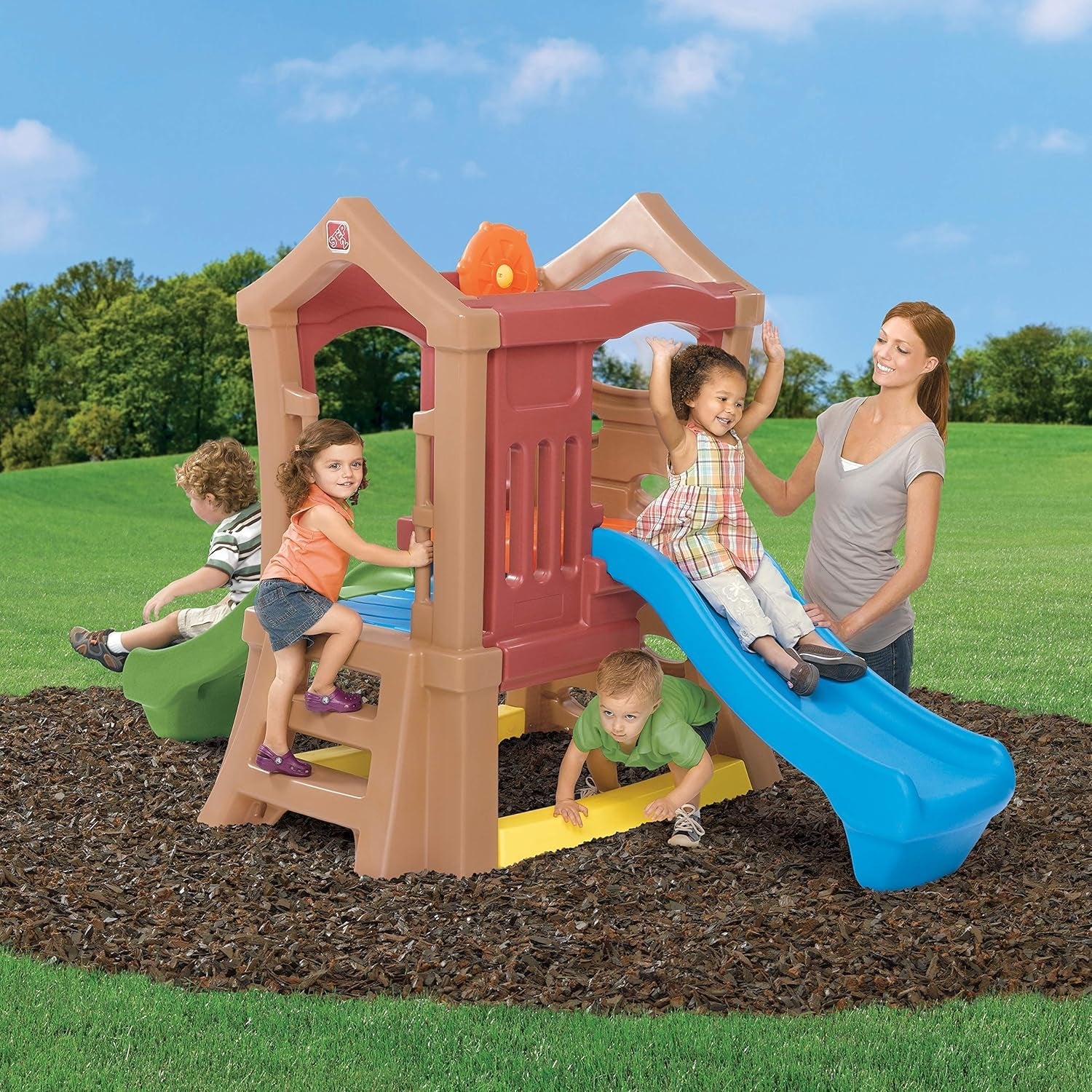 Peach Maple Play Up Double Slide Climber outdoor toddler playset with two slides for children ages 2 to 6.