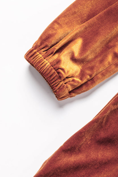 Chestnut split neck velvet tunic dress by Harlequin Daisy, featuring a stylish and comfortable bath and beauty outfit.