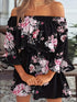 Pear Daisy boho leaf graphic print off-shoulder dress with ruffles and backless design, perfect for stylish summer occasions.