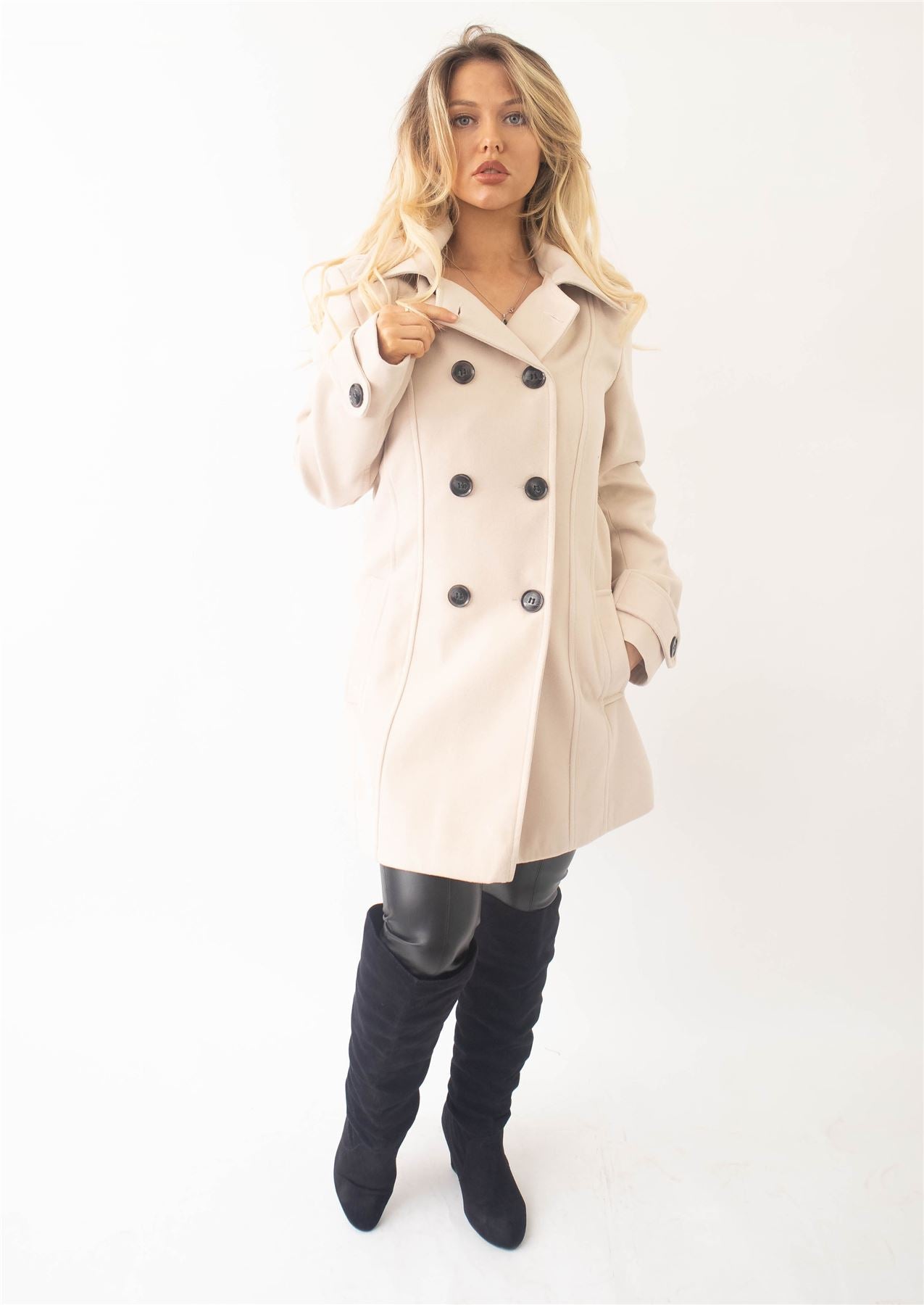 Rose Eleusis wool feel double-breasted hooded coat, stylish jacket with button closure and cozy hood, perfect for cold weather.