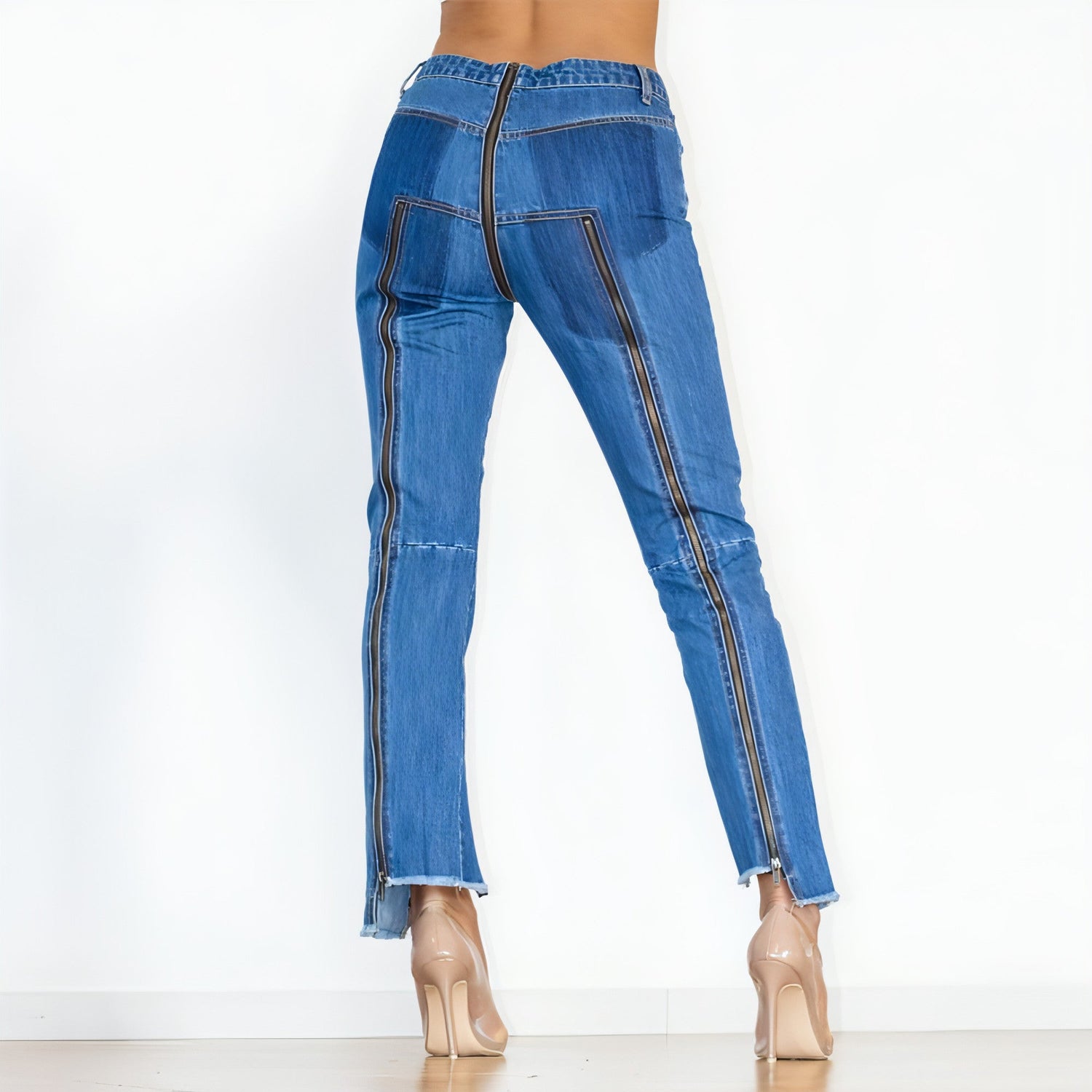 Dark blue UrbanEase™ women zipper jeans by Carmine Juneberry featuring a fitted denim design and front zipper detail.