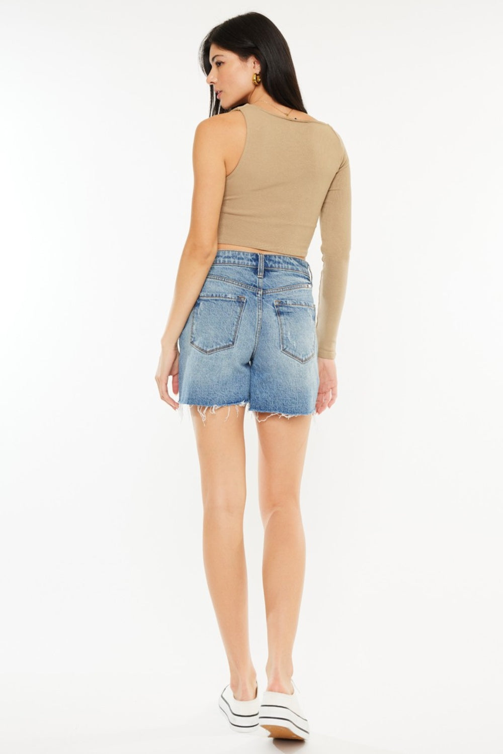 Jade Icarus Kancan high waist denim shorts with raw hem, styled in a full size, showcasing their distressed, high-rise design.