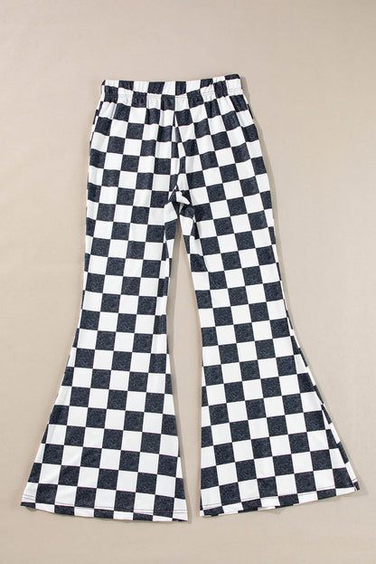 Black checkerboard high rise casual flared pants by Carmine Juneberry, showing the stylish design and fit of the pants.