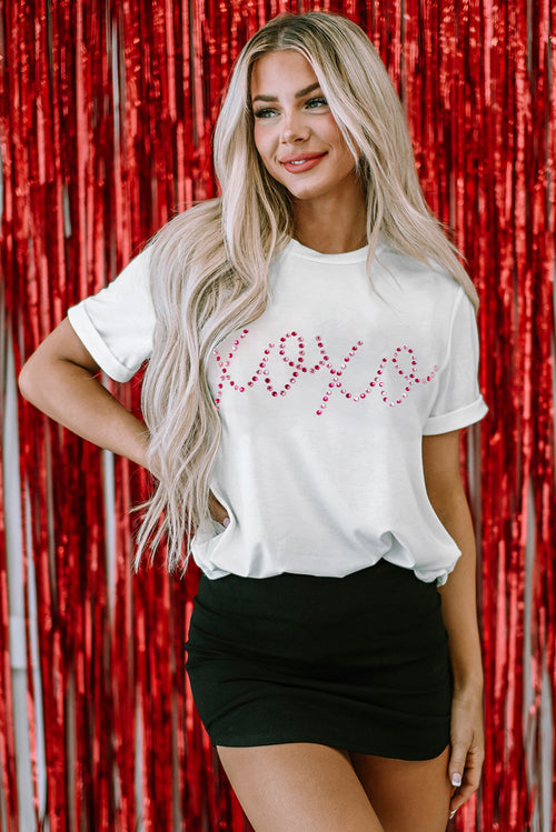 White Rhinestone XOXO Valentine T-shirt by Harlequin Daisy, featuring a stylish design with sparkling rhinestones on a white fabric background.