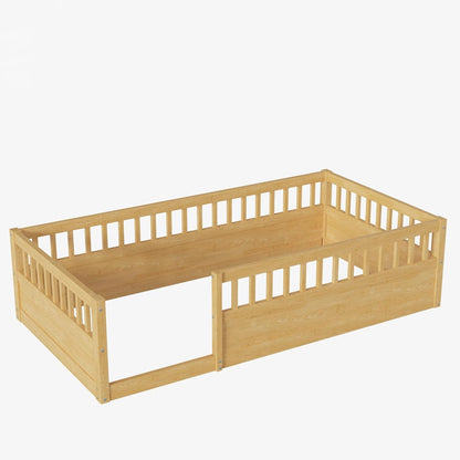 Twin Montessori floor bed with high safety rails in natural wood finish by Peach Maple, ideal for safe, comfortable child’s bedroom furniture