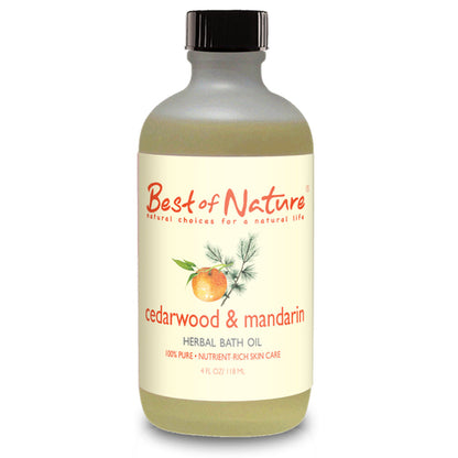 Purple Missy Cedarwood &amp; Mandarin Bath Oil bottle with golden cap, bodycare product with cedarwood and mandarin scent for relaxing baths.