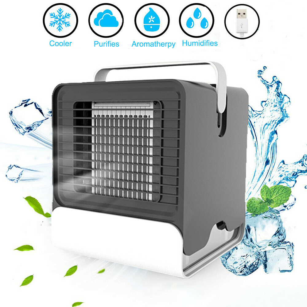 Teal Simba USB mini negative ion cool fan air conditioner showing compact design with adjustable vents and power button.