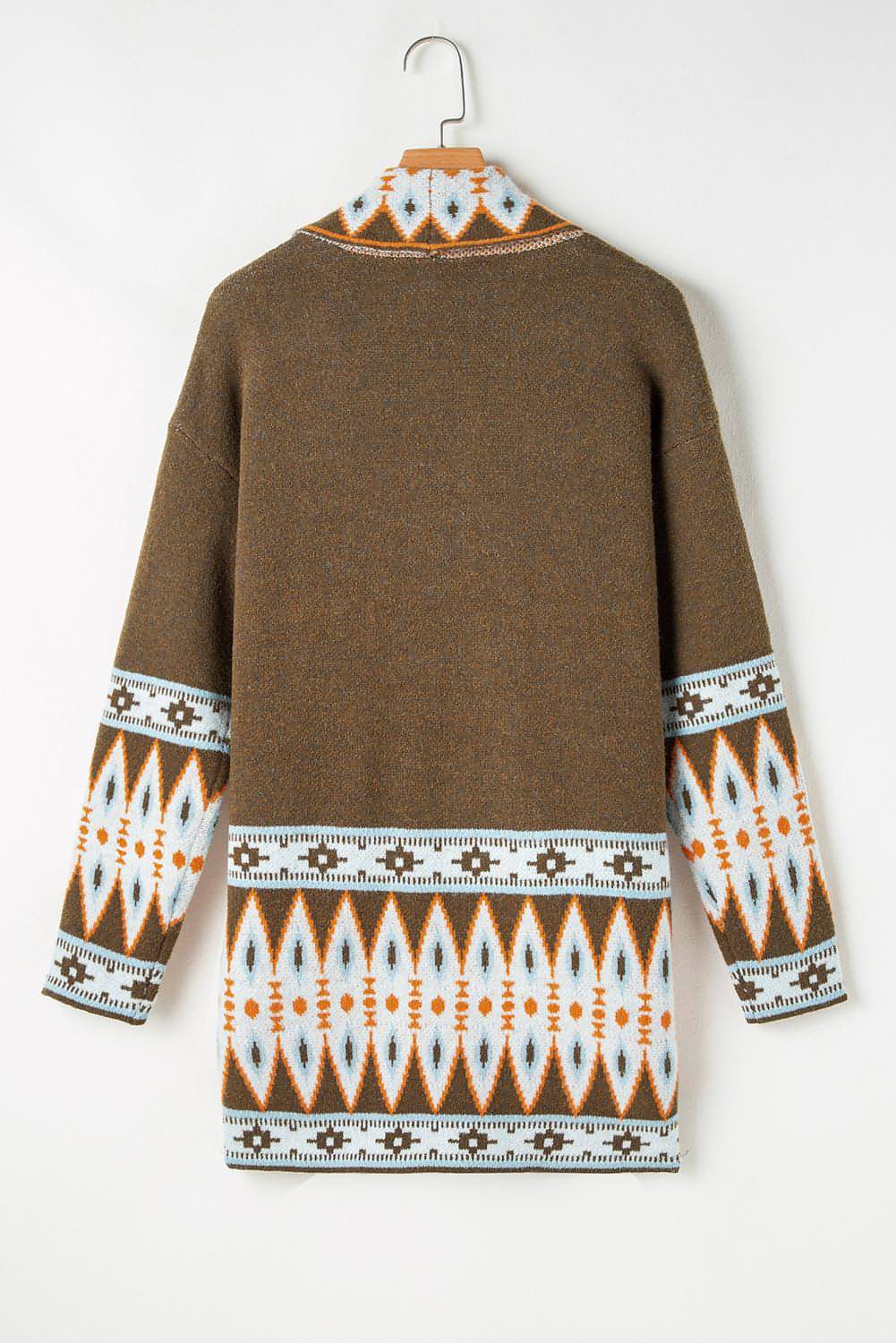 Brown aztec print open front knitted cardigan by Carmine Juneberry, styled as a cozy sweater with intricate pattern details.